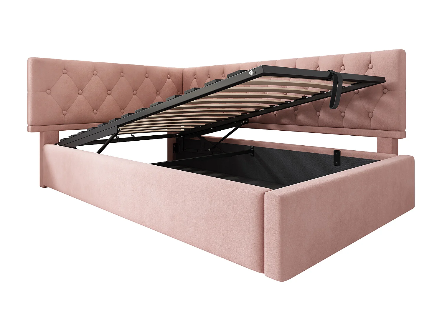Lit coffre 90x200 cm - Lit enfant avec dossier et sommier à lattes en bois - velours rose - sans matelas