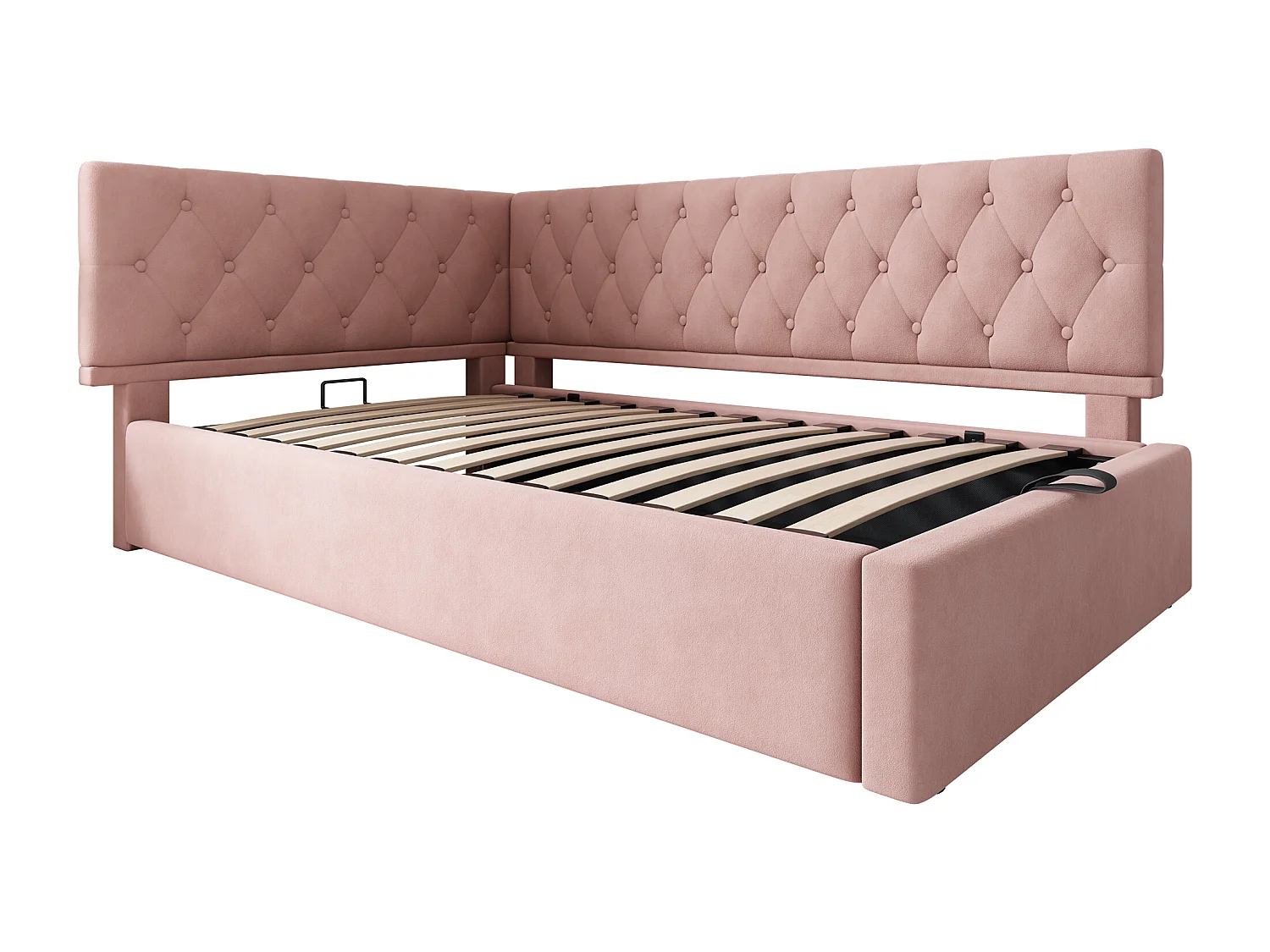 Lit coffre 90x200 cm - Lit enfant avec dossier et sommier à lattes en bois - velours rose - sans matelas