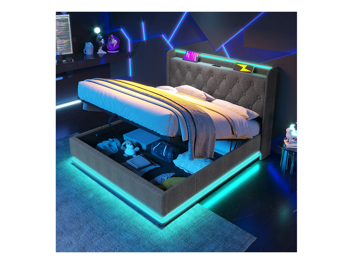 Lit coffre 160x200 cm - Lit adulte avec éclairage LED et recharge USB - lin gris - sans matelas