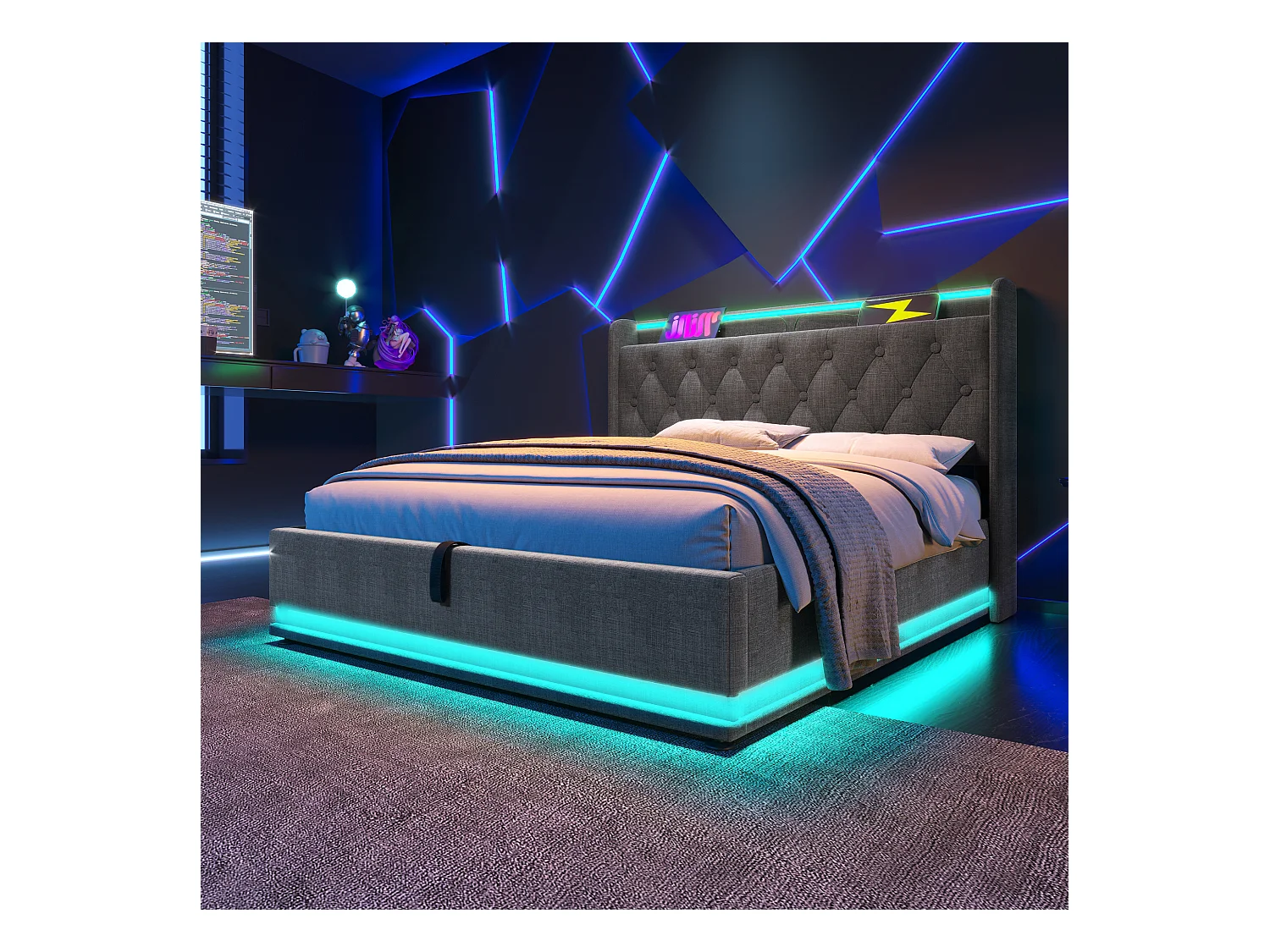 Lit coffre 160x200 cm - Lit adulte avec éclairage LED et recharge USB - lin gris - sans matelas
