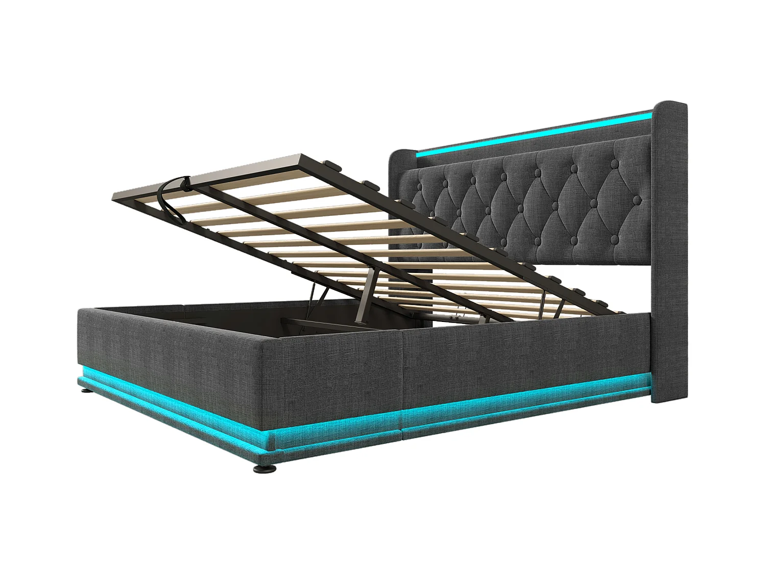 Lit coffre 160x200 cm - Lit adulte avec éclairage LED et recharge USB - lin gris - sans matelas