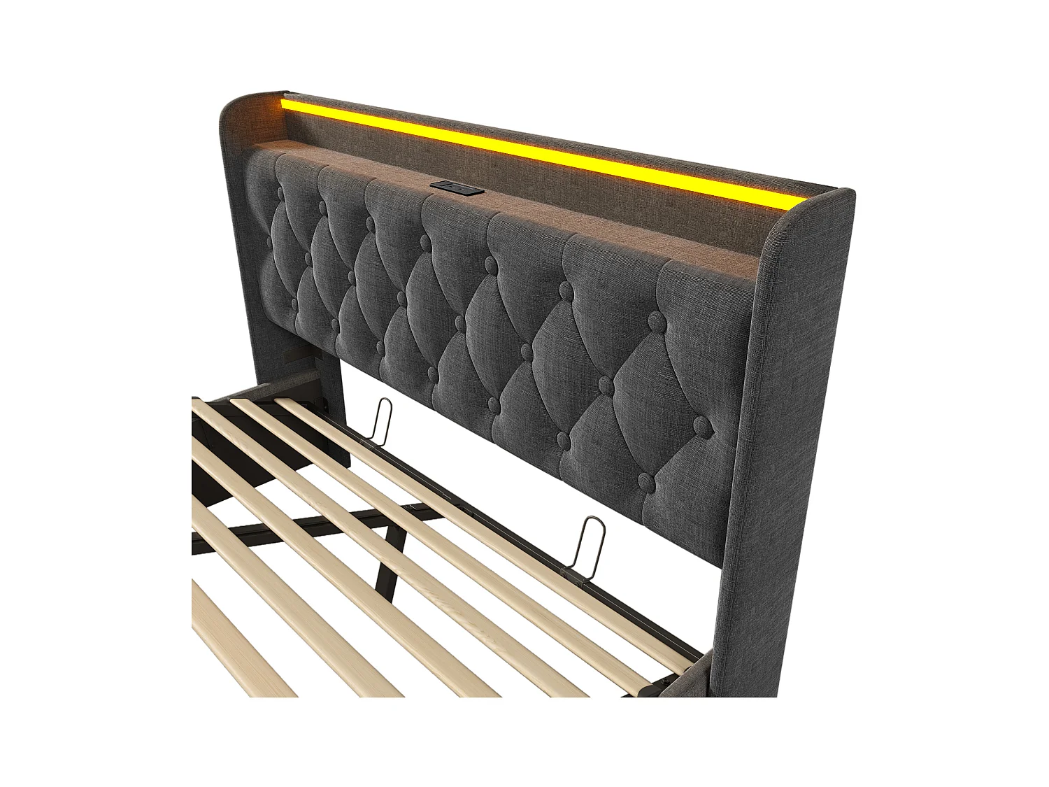 Lit coffre 160x200 cm - Lit adulte avec éclairage LED et recharge USB - lin gris - sans matelas