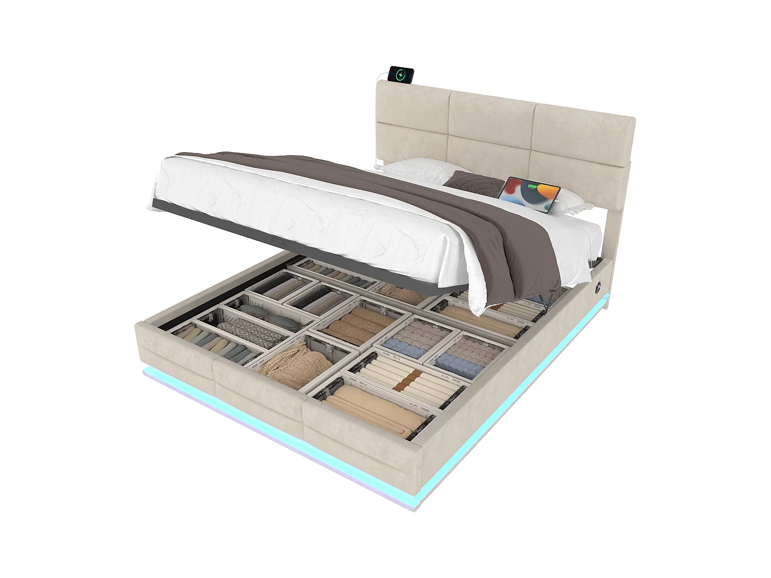 Łóżko 140x200 cm z pojemnikiem – łóżko dla dorosłych z ładowaniem USB i oświetleniem LED – regulowana wysokość zagłówka – biały aksamit – bez materaca