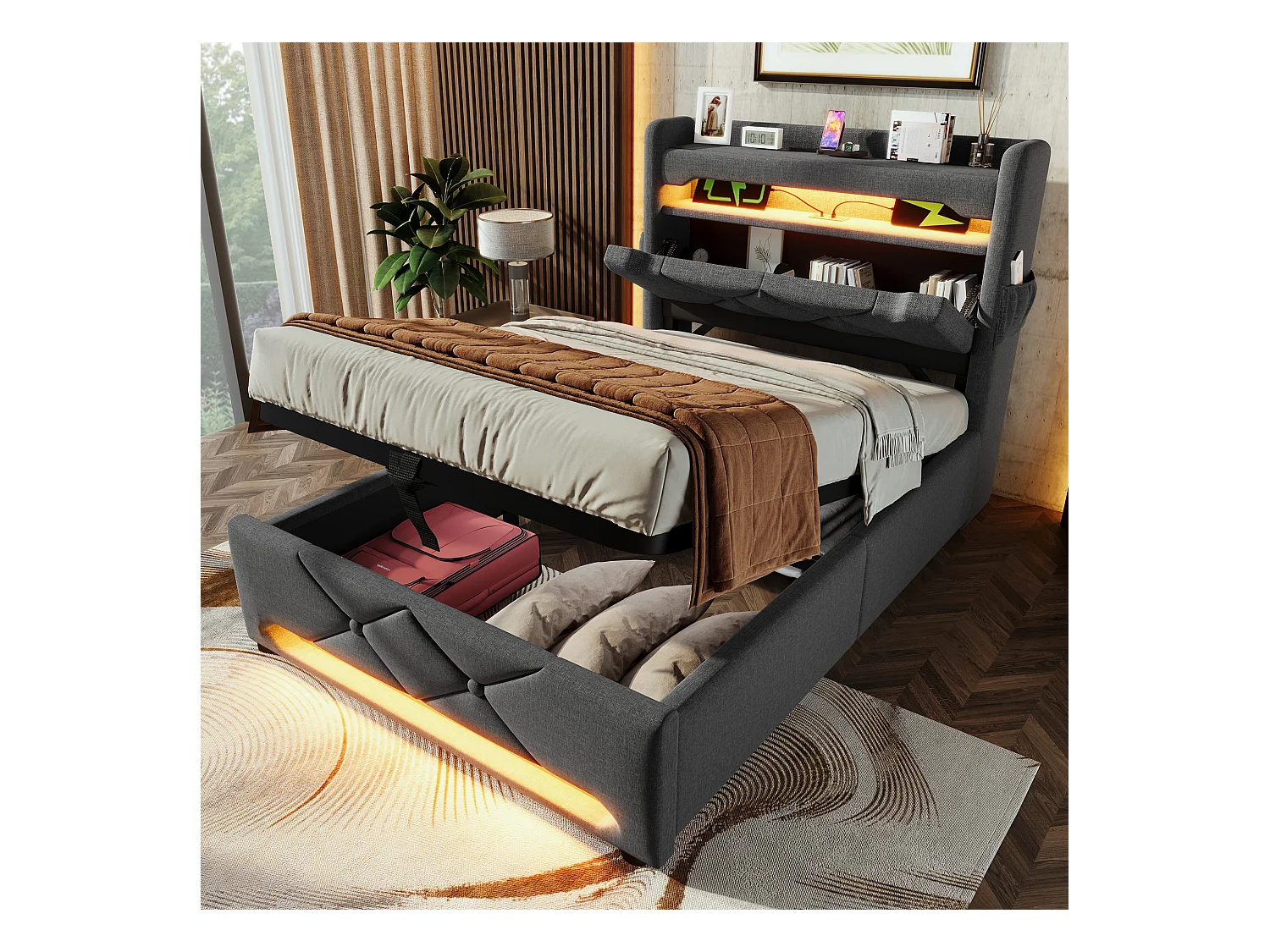Lit coffre 90x200 cm - Lit adulte avec chargement USB et lumière LED - lin gris - sans matelas