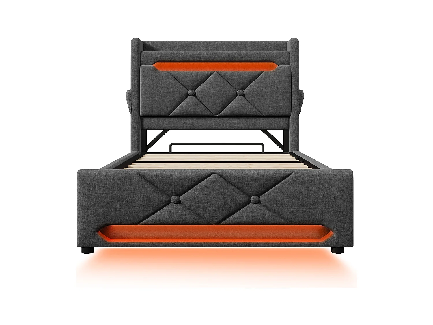 Lit coffre 90x200 cm - Lit adulte avec chargement USB et lumière LED - lin gris - sans matelas