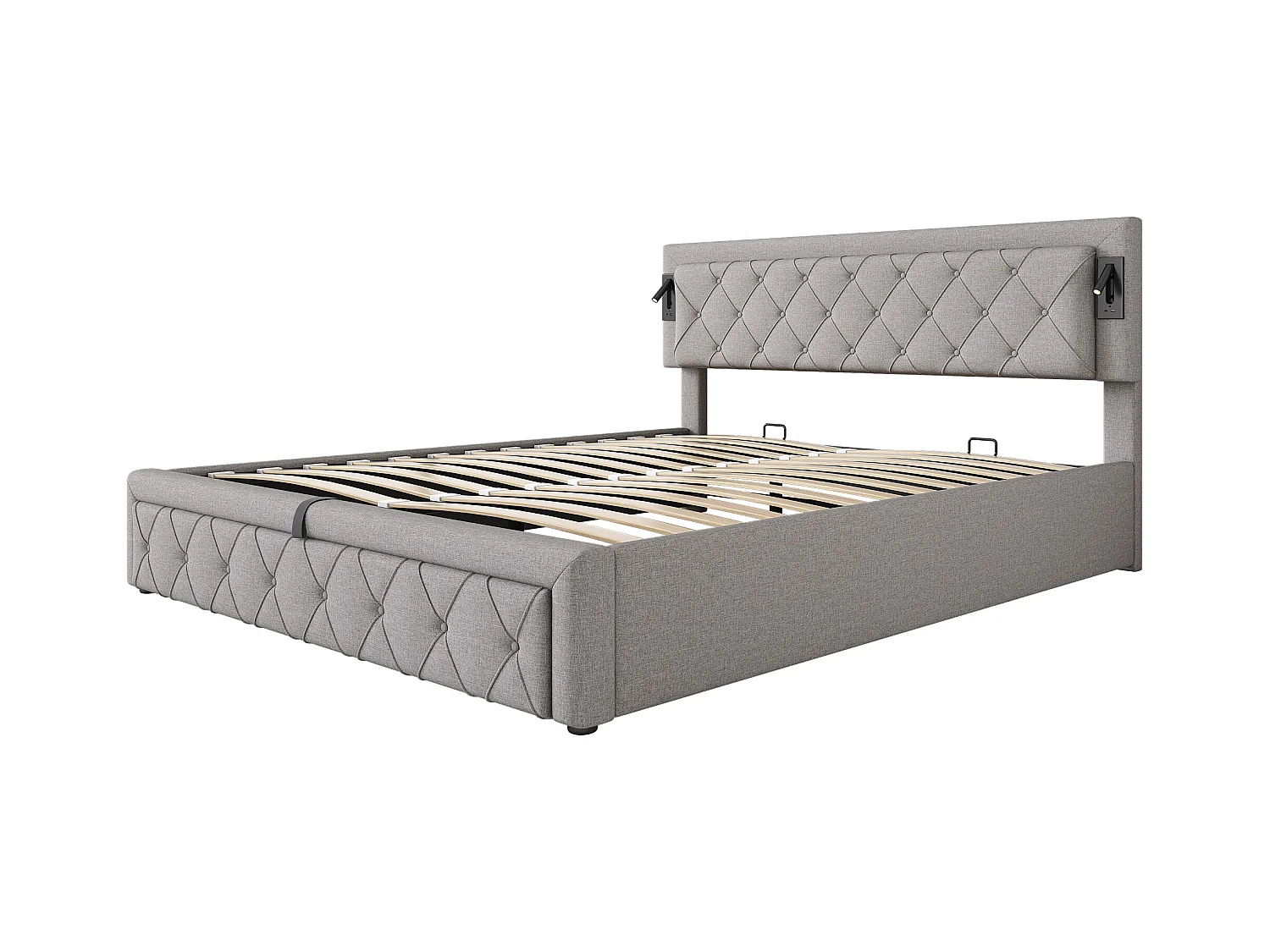 Cama con almacenaje 180x200 cm - Cama tapizada con luz de lectura y cargador USB - somier de láminas de madera - lino gris