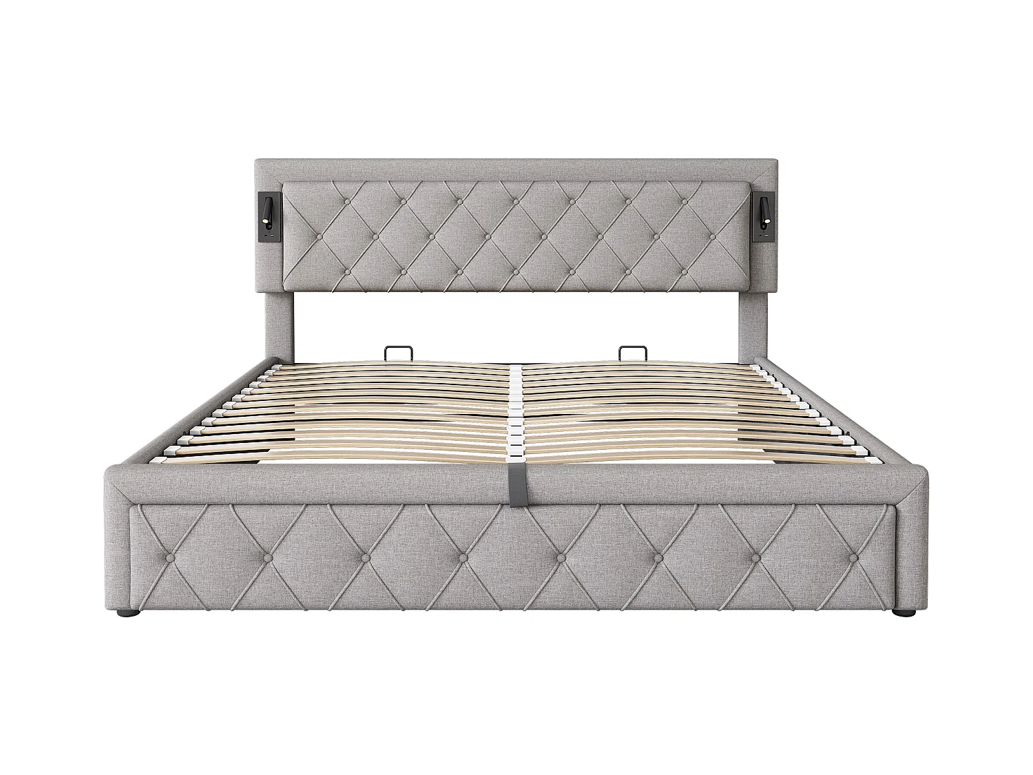 Cama con almacenaje 180x200 cm - Cama tapizada con luz de lectura y cargador USB - somier de láminas de madera - lino gris