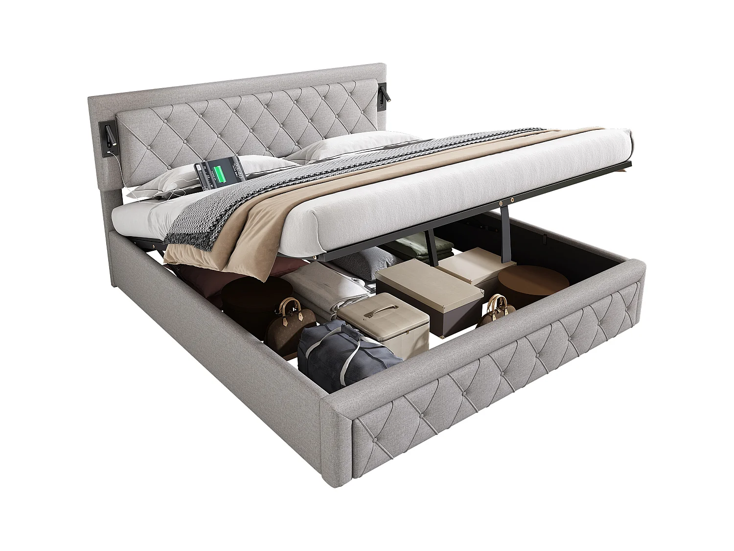 Cama con almacenaje 180x200 cm - Cama tapizada con luz de lectura y cargador USB - somier de láminas de madera - lino gris