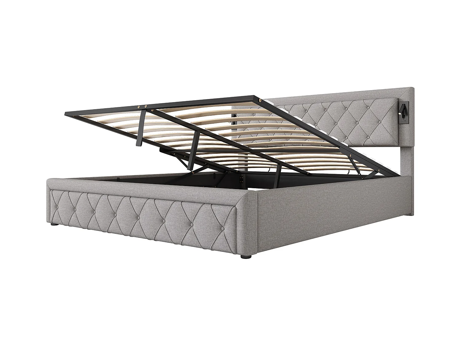 Lit coffre 180x200 cm - Lit adulte avec liseuse et chargeur USB - sommier à lattes en bois - lin gris