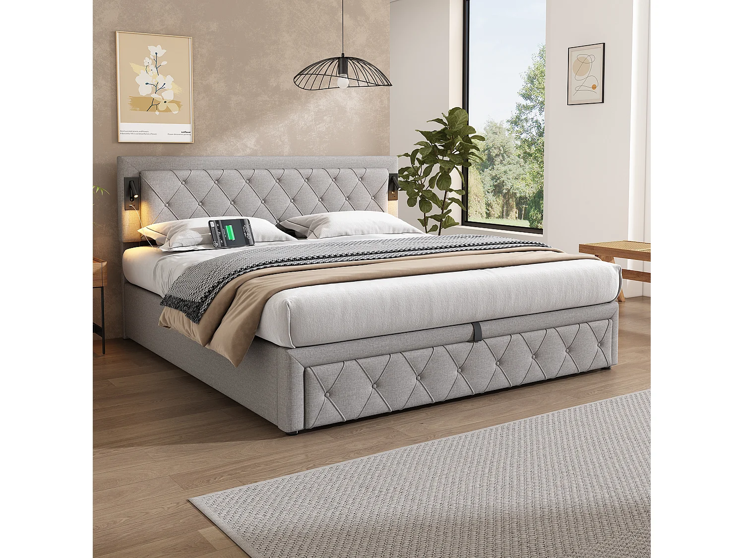 Lit coffre 180x200 cm - Lit adulte avec liseuse et chargeur USB - sommier à lattes en bois - lin gris