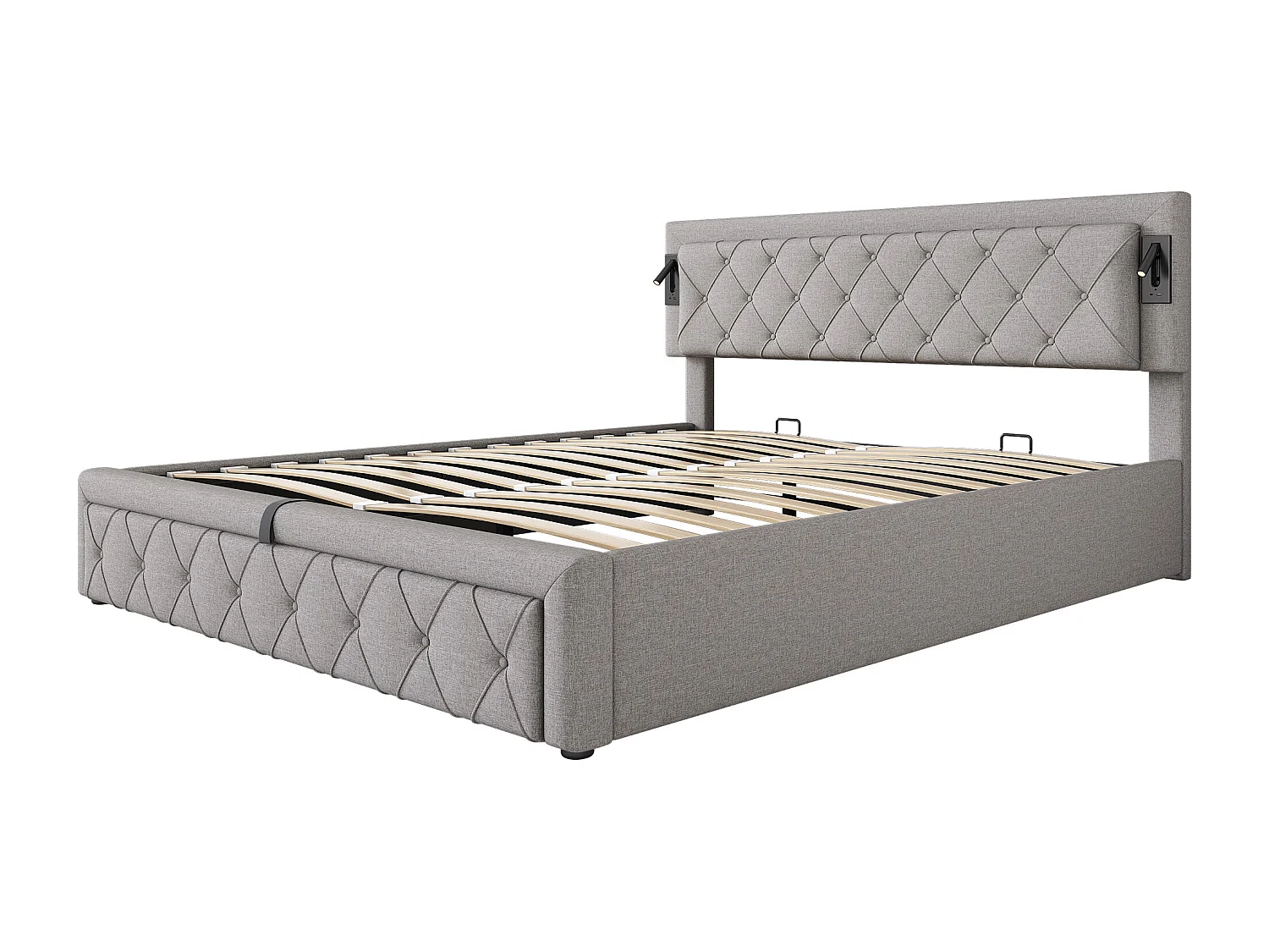 Lit coffre 180x200 cm - Lit adulte avec liseuse et chargeur USB - sommier à lattes en bois - lin gris