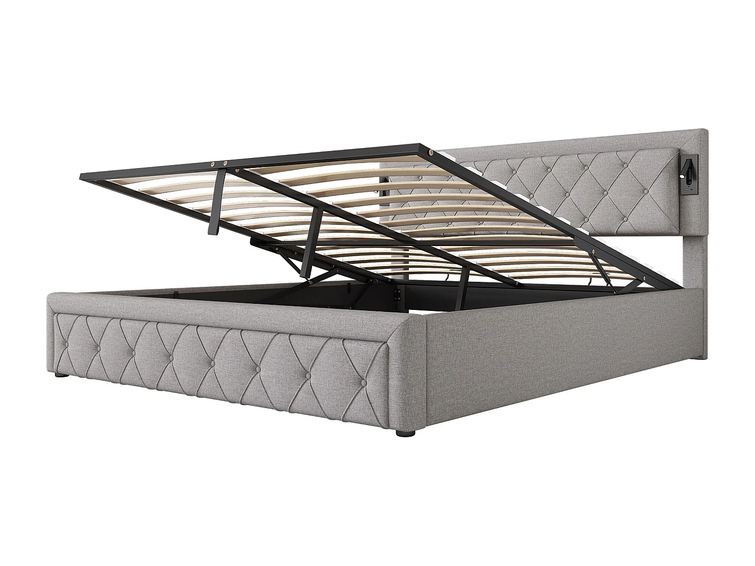 Lit coffre 180x200 cm - Lit adulte avec liseuse et chargeur USB - sommier à lattes en bois - lin gris