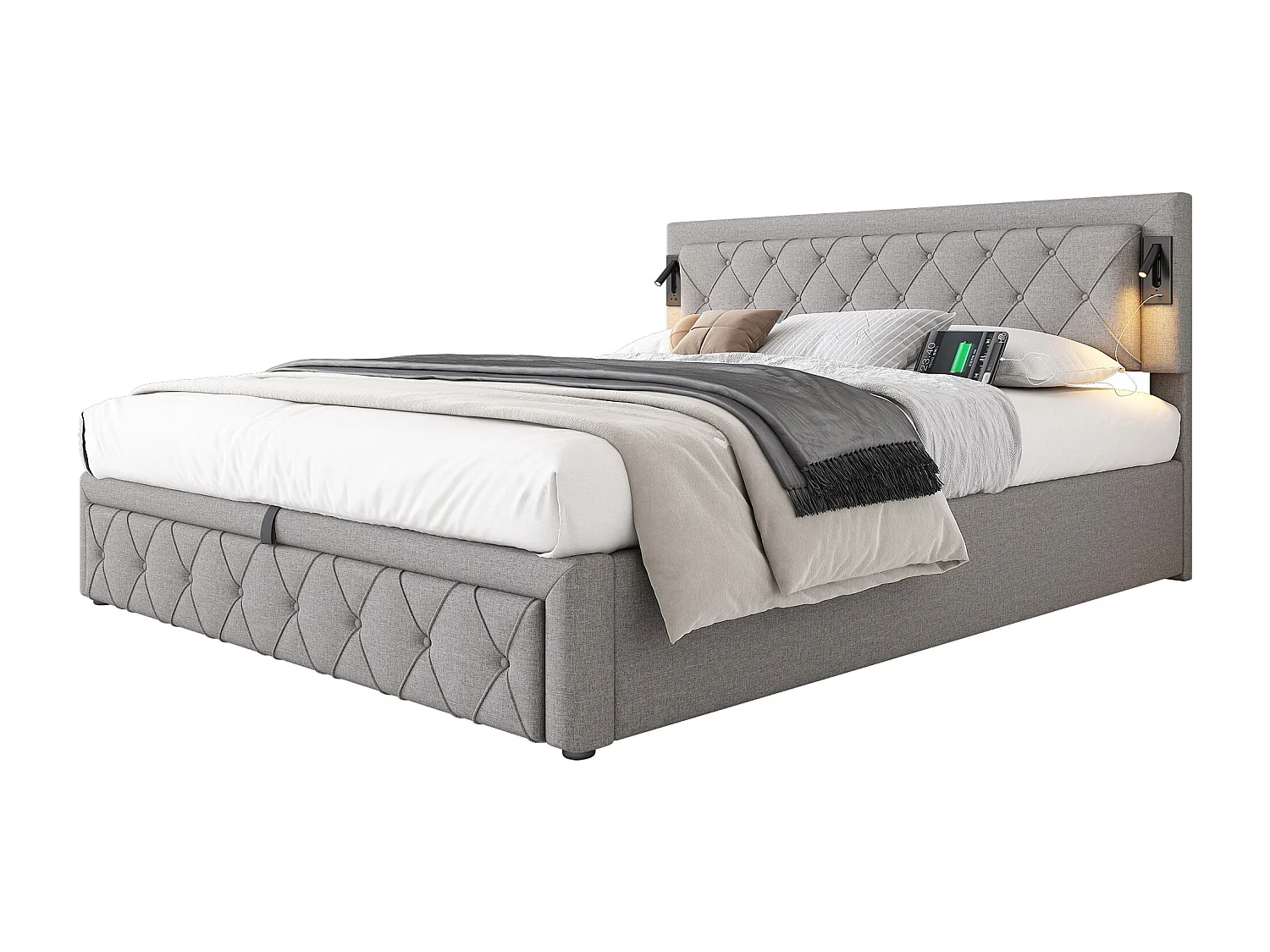 Lit coffre 180x200 cm - Lit adulte avec liseuse et chargeur USB - sommier à lattes en bois - lin gris