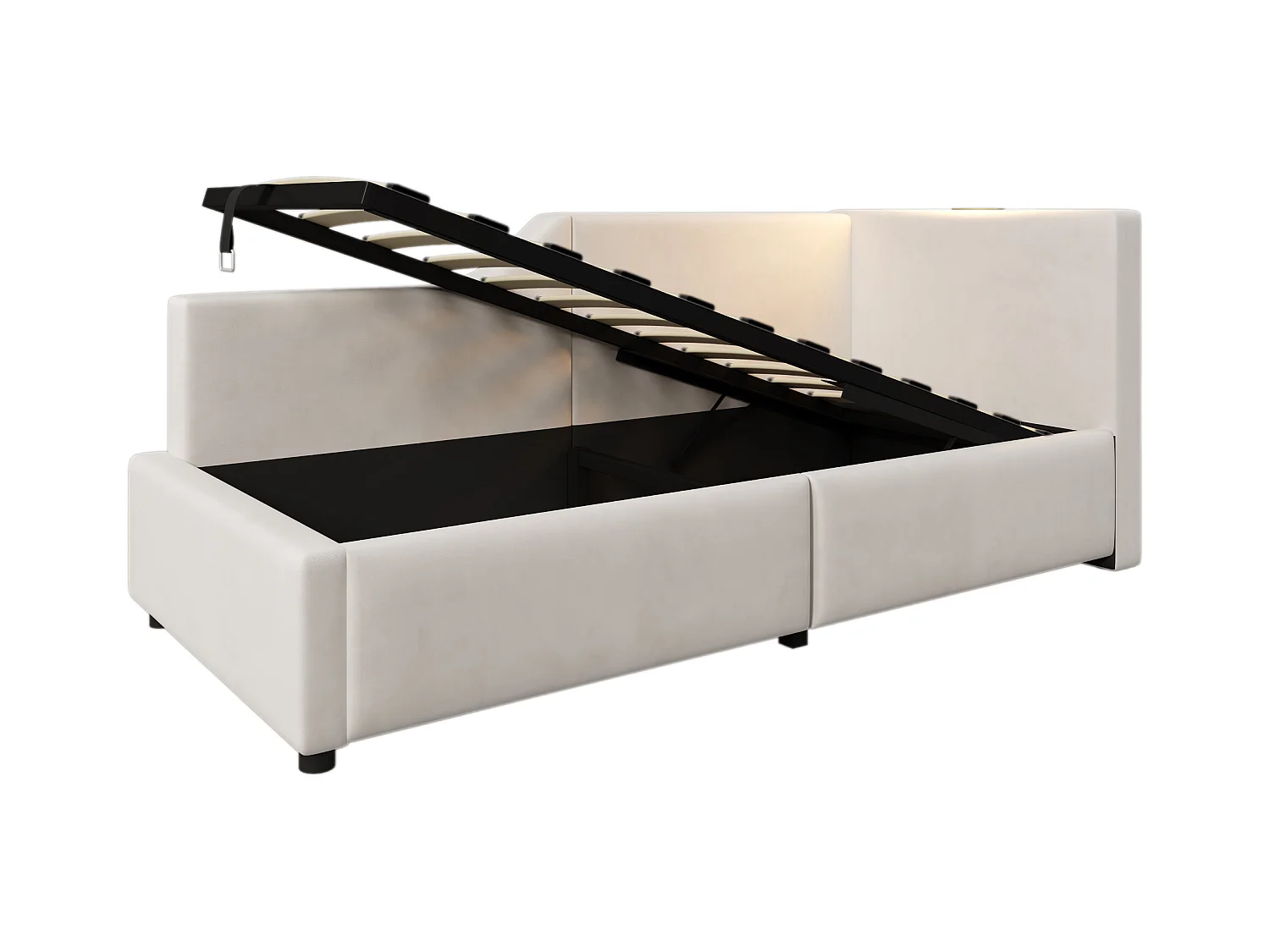 Lit coffre 90x190 cm - Lit enfant avec liseuse et recharge USB - velours beige - sans matelas