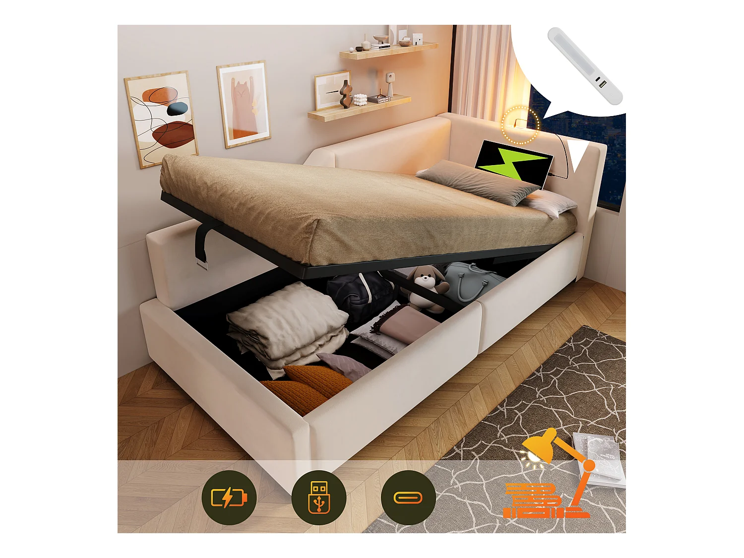 Lit coffre 90x190 cm - Lit enfant avec liseuse et recharge USB - velours beige - sans matelas
