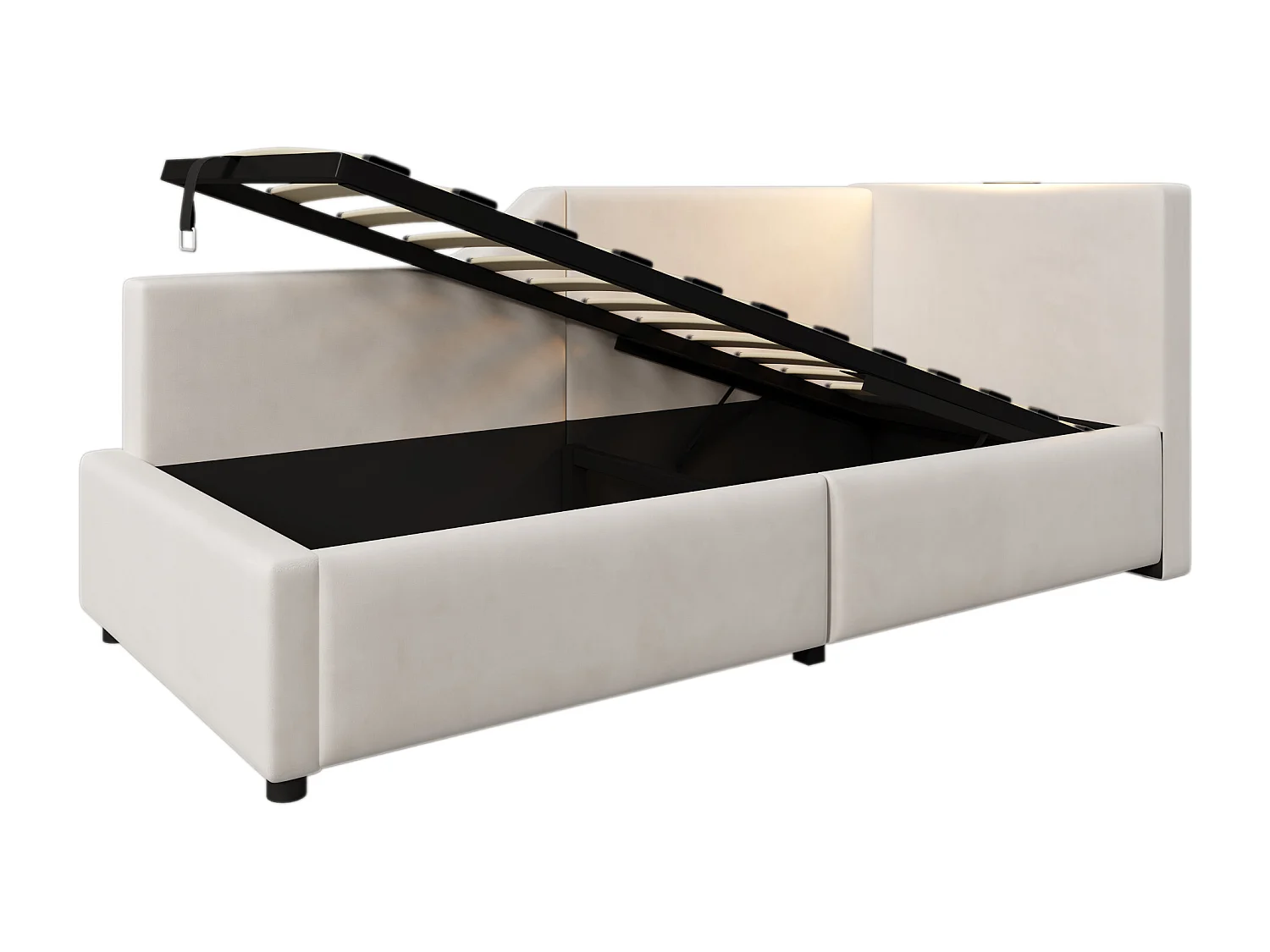 Łóżko z pojemnikiem 90x190 cm - Łóżko dziecięce z lampką do czytania i ładowarką USB - beżowy aksamit - bez materaca