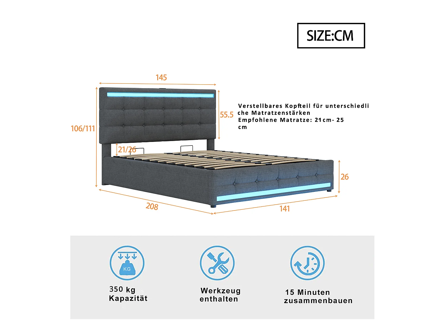 Łóżko z pojemnikiem 140x200 cm - Łóżko podwójne z LED i USB - Regulowany zagłówek - Szary len - Bez materaca