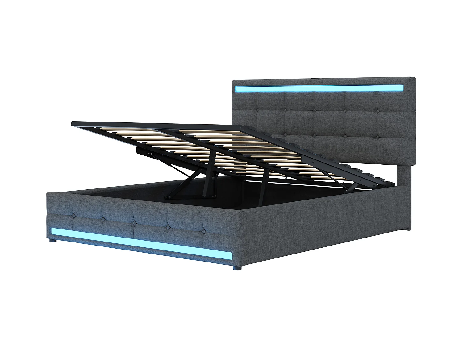 Łóżko z pojemnikiem 140x200 cm - Łóżko podwójne z LED i USB - Regulowany zagłówek - Szary len - Bez materaca