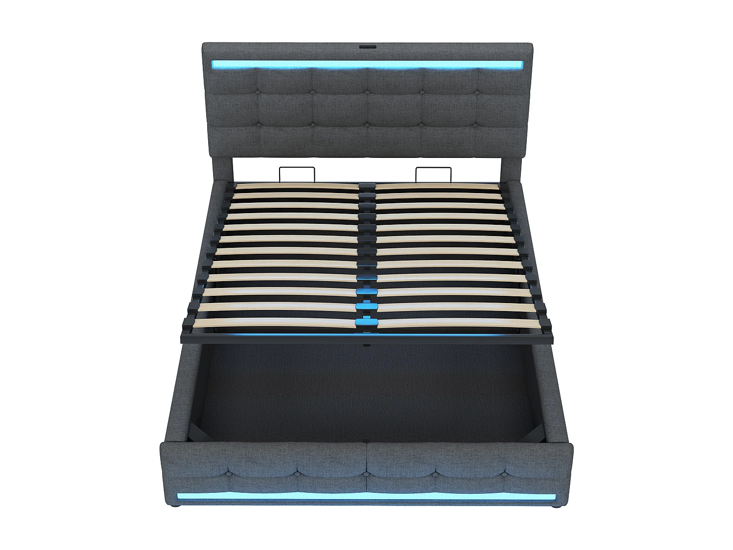 Cama com arrumação 140x200 cm - Cama de casal com LED e USB - Cabeceira ajustável - linho cinzento - sem colchão