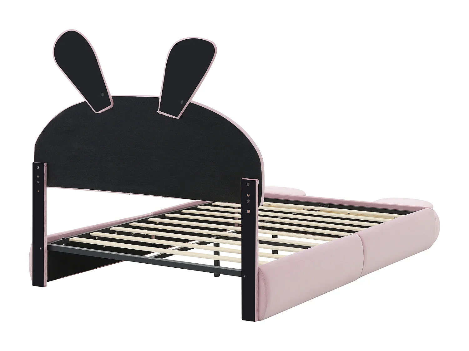 Lit simple 140x200 cm - Lit enfant avec deux banquettes de rangement et bandeau lumineux chaleureux - velours rose - sans matelas
