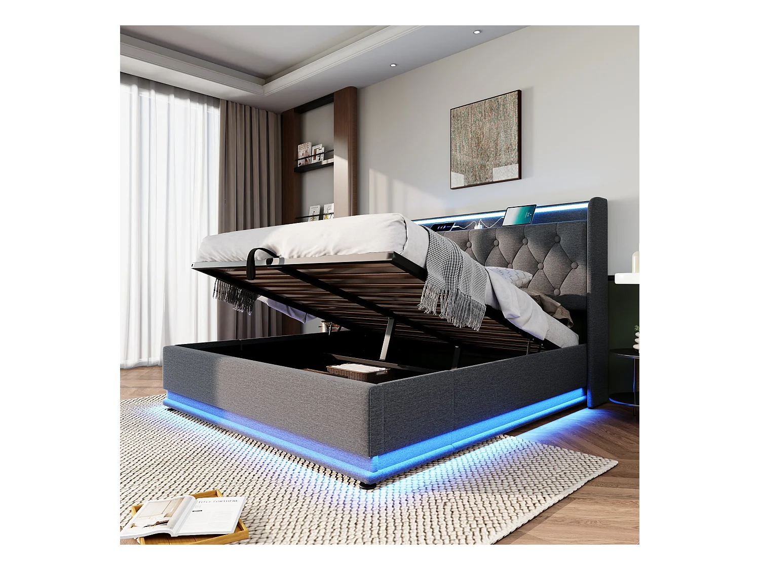 Lit coffre 140x200 cm - Lit adulte avec éclairage LED et recharge USB - lin gris - sans matelas