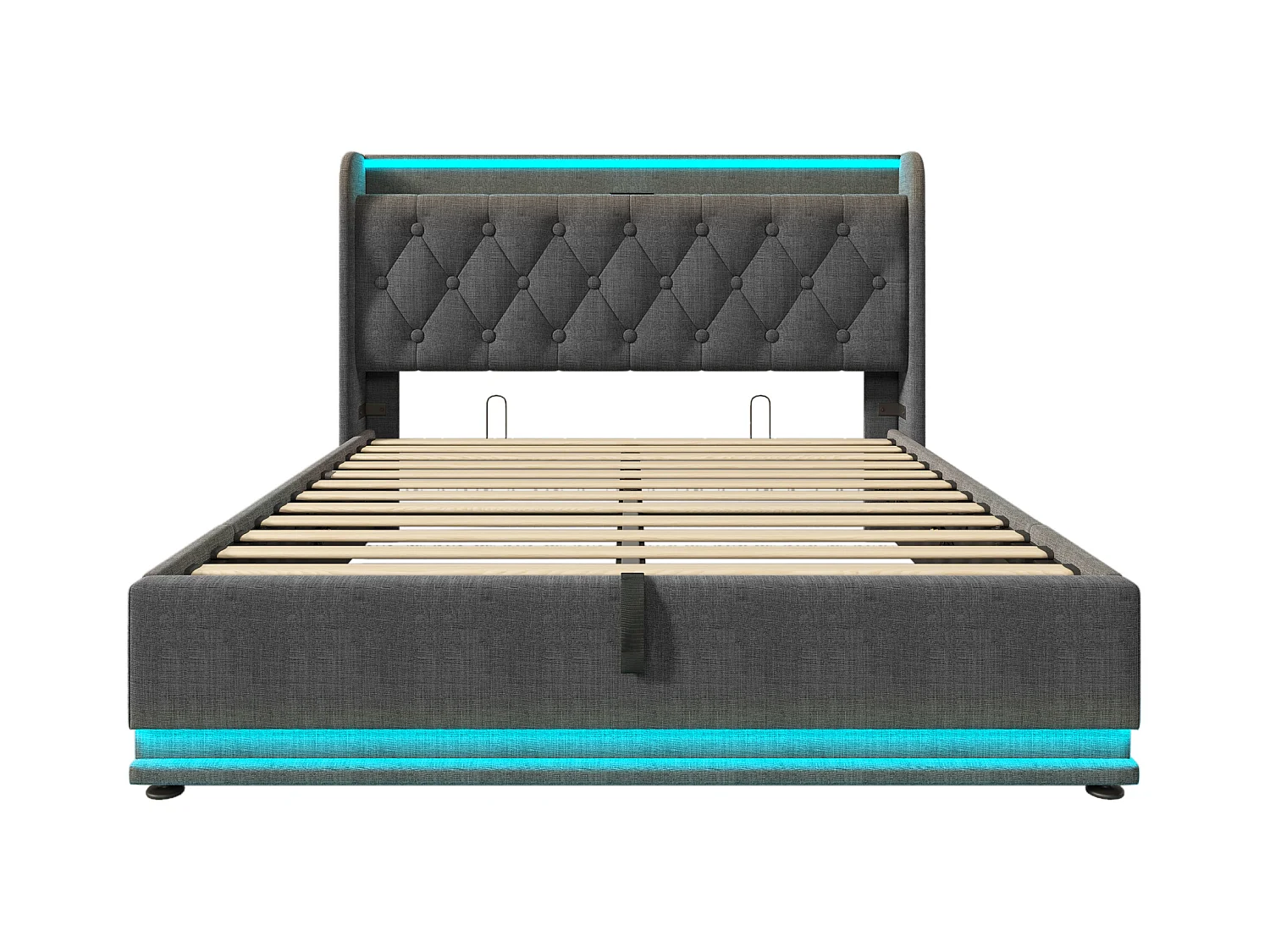Lit coffre 140x200 cm - Lit adulte avec éclairage LED et recharge USB - lin gris - sans matelas