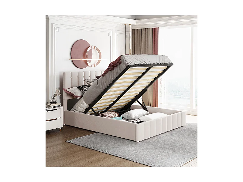 Łóżko 140x200 cm z pojemnikiem - Łóżko dla dorosłych z regulowanym zagłówkiem i stelażem z listew - Aksamit - Kremowo-biały