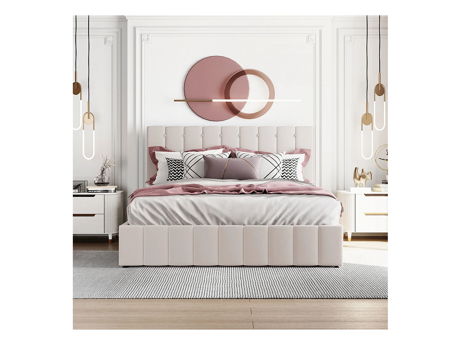 Cama com arrumação de 140x200 cm - Cama para adulto com cabeceira ajustável e estrado de ripas - Veludo - Branco creme
