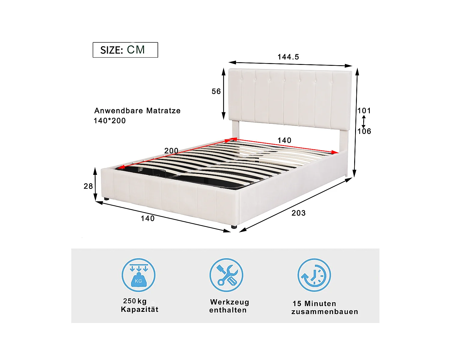 Cama com arrumação de 140x200 cm - Cama para adulto com cabeceira ajustável e estrado de ripas - Veludo - Branco creme