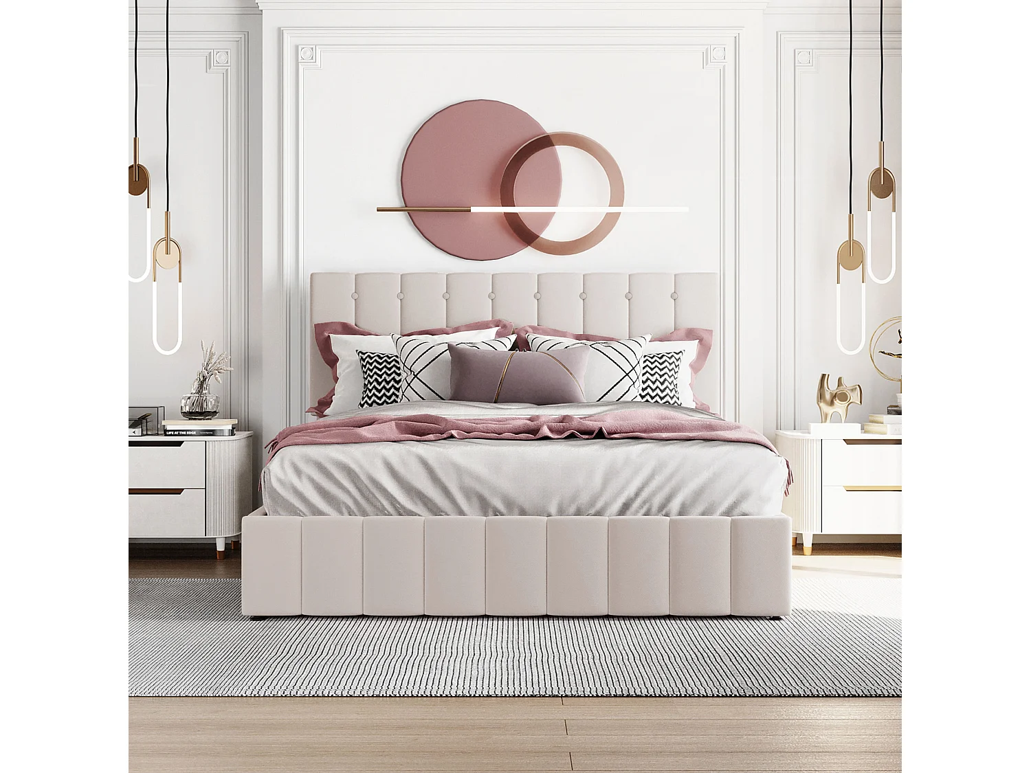 Łóżko 140x200 cm z pojemnikiem - Łóżko dla dorosłych z regulowanym zagłówkiem i stelażem z listew - Aksamit - Kremowo-biały