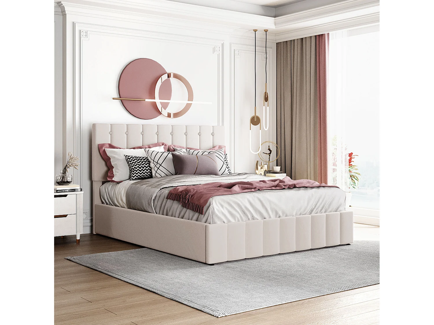 Łóżko 140x200 cm z pojemnikiem - Łóżko dla dorosłych z regulowanym zagłówkiem i stelażem z listew - Aksamit - Kremowo-biały