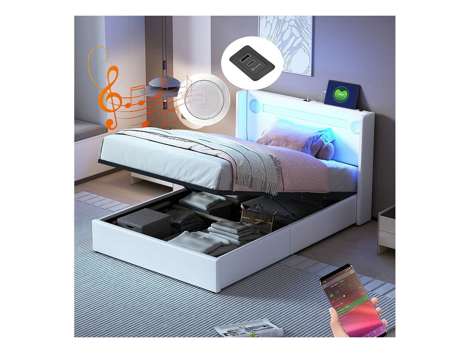 Cama con almacenaje 90x200 cm - Cama tapizada con USB, luz LED y reproductor Bluetooth - PU blanco - sin colchón