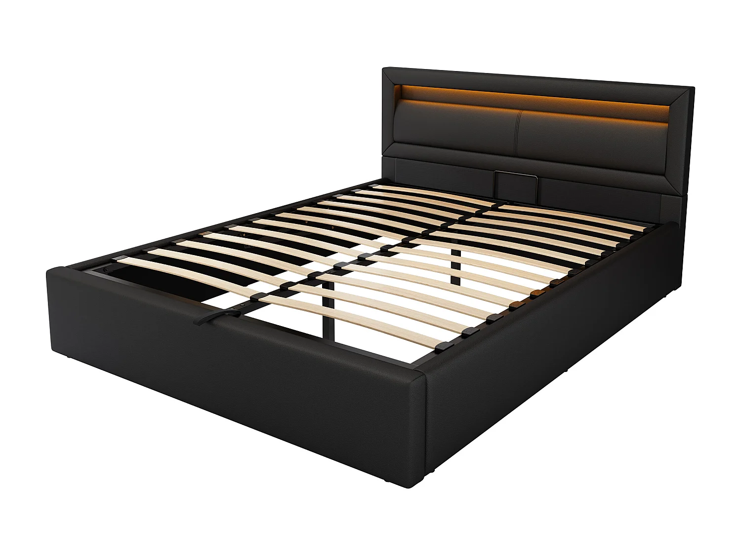 Cama con almacenaje 140x190 cm - Cama para adultos con cabecero y somier - Iluminación LED - PU negro