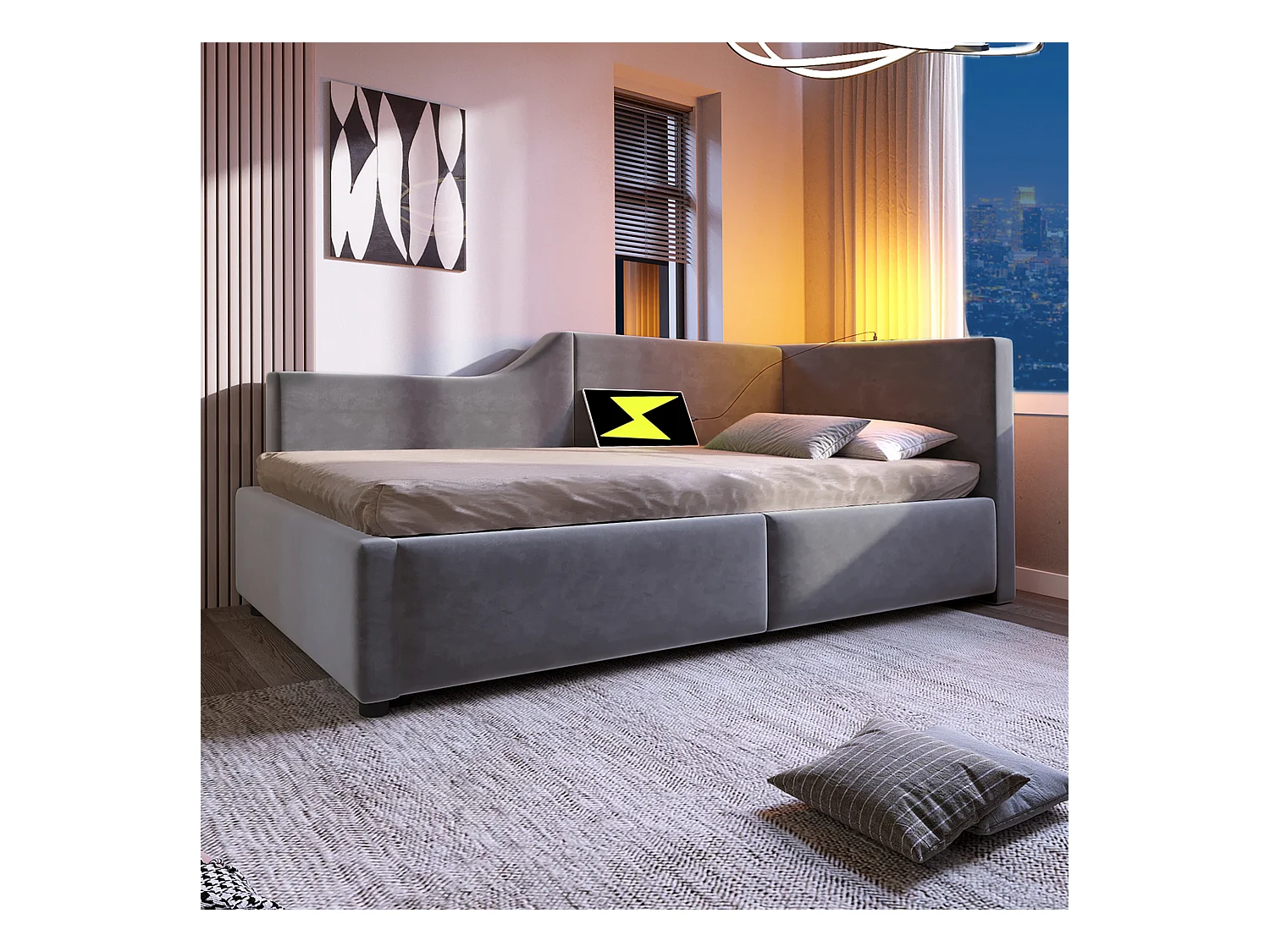 Lit coffre 90x200 cm - Lit enfant avec liseuse et recharge USB - velours gris - sans matelas