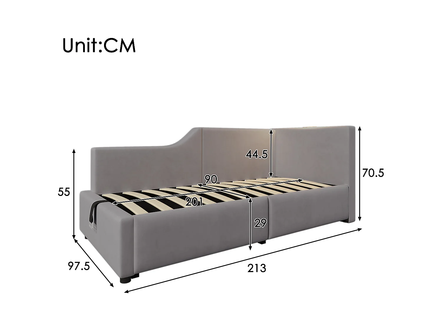 Lit coffre 90x200 cm - Lit enfant avec liseuse et recharge USB - velours gris - sans matelas