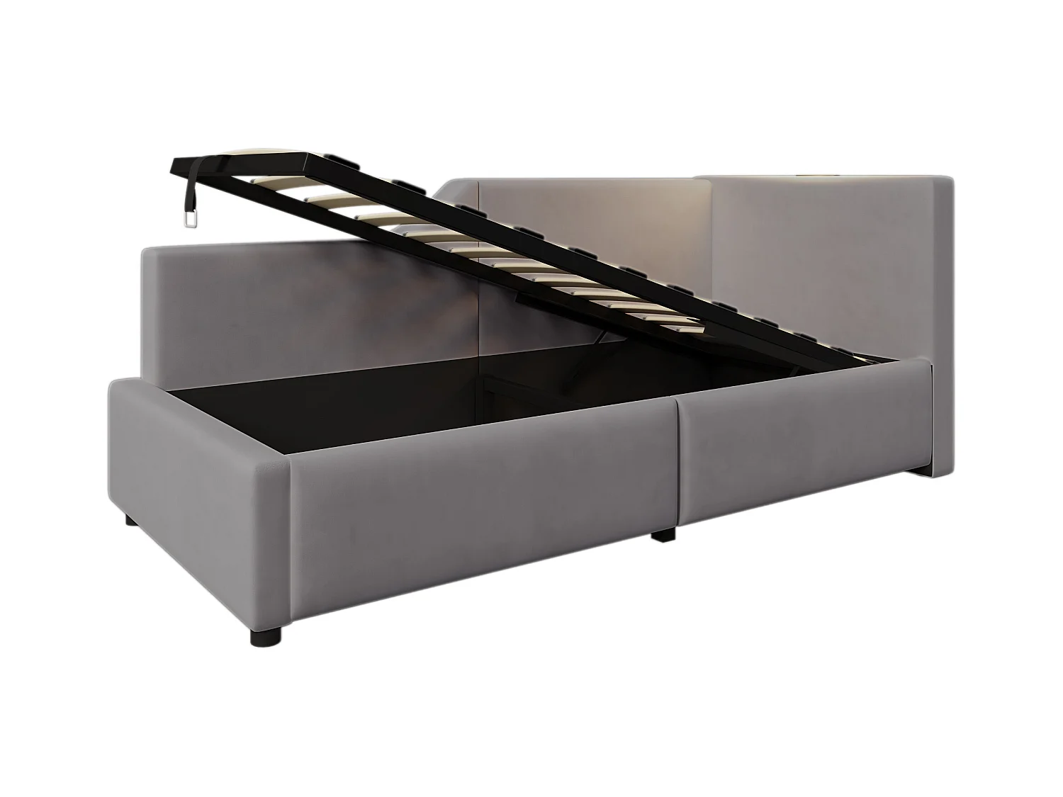 Lit coffre 90x200 cm - Lit enfant avec liseuse et recharge USB - velours gris - sans matelas