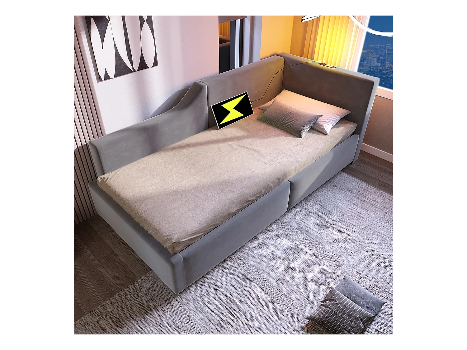 Lit coffre 90x200 cm - Lit enfant avec liseuse et recharge USB - velours gris - sans matelas