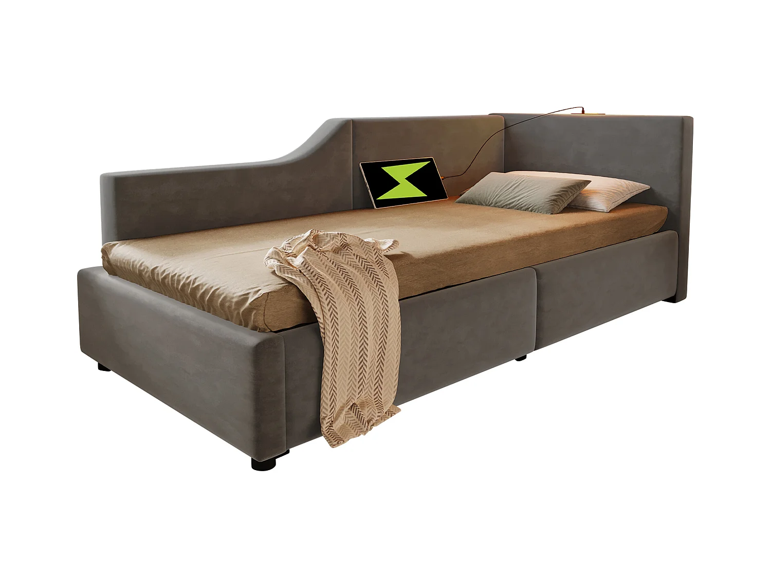 Lit coffre 90x200 cm - Lit enfant avec liseuse et recharge USB - velours gris - sans matelas