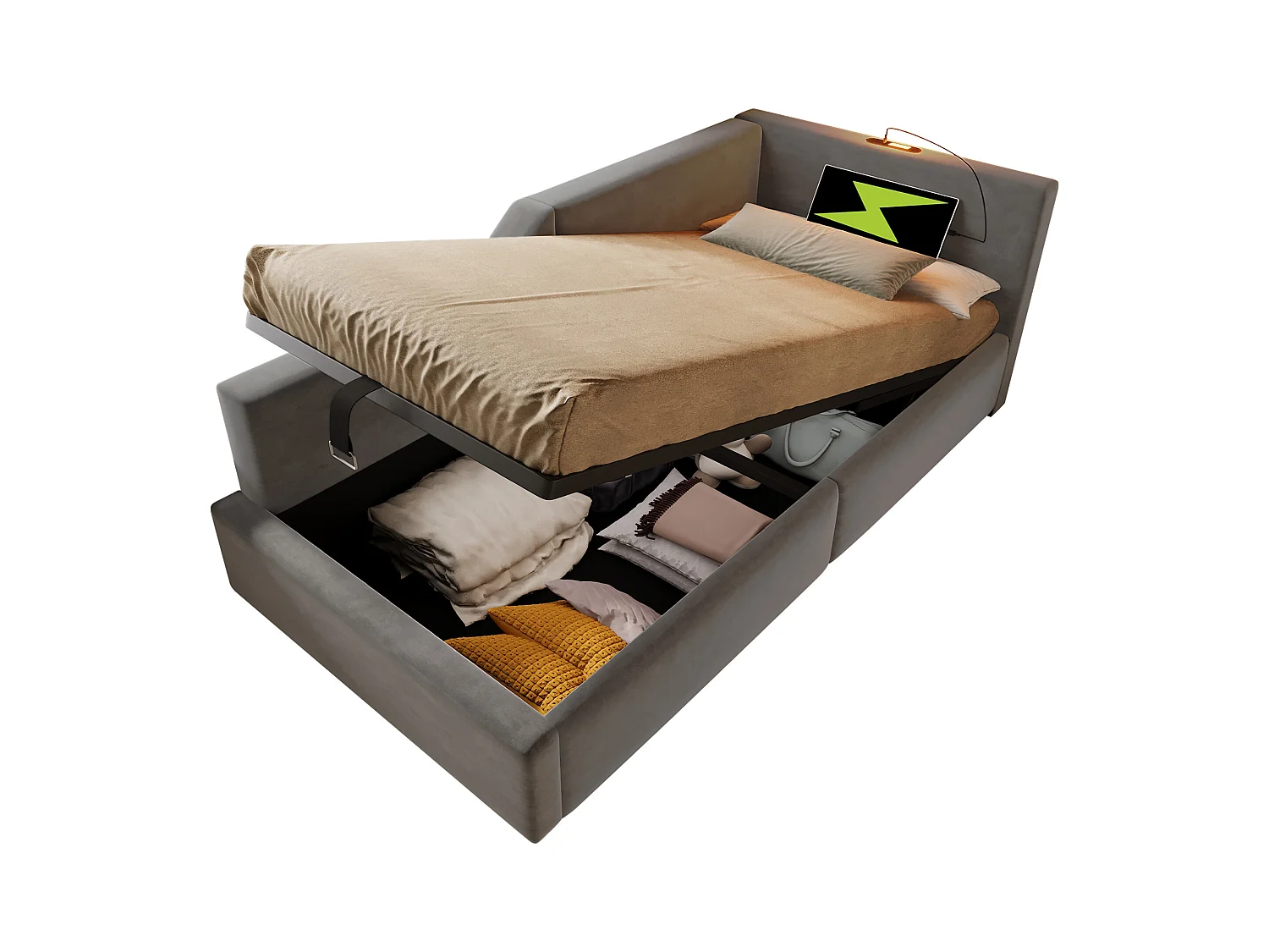 Lit coffre 90x200 cm - Lit enfant avec liseuse et recharge USB - velours gris - sans matelas