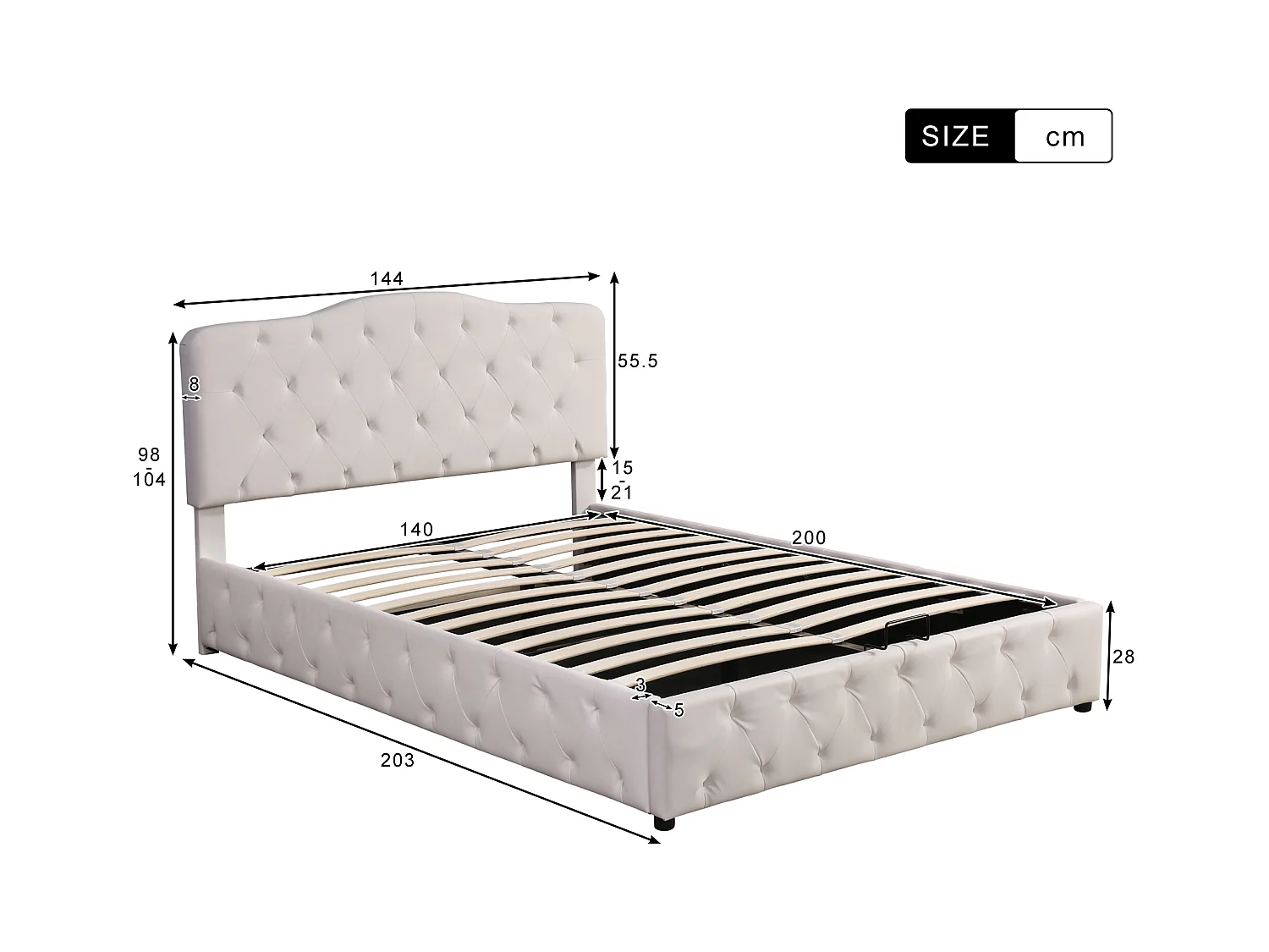 Cama com gavetas 140x200 cm - Cama de adulto com cabeceira ajustável em altura - PU branco - sem colchão
