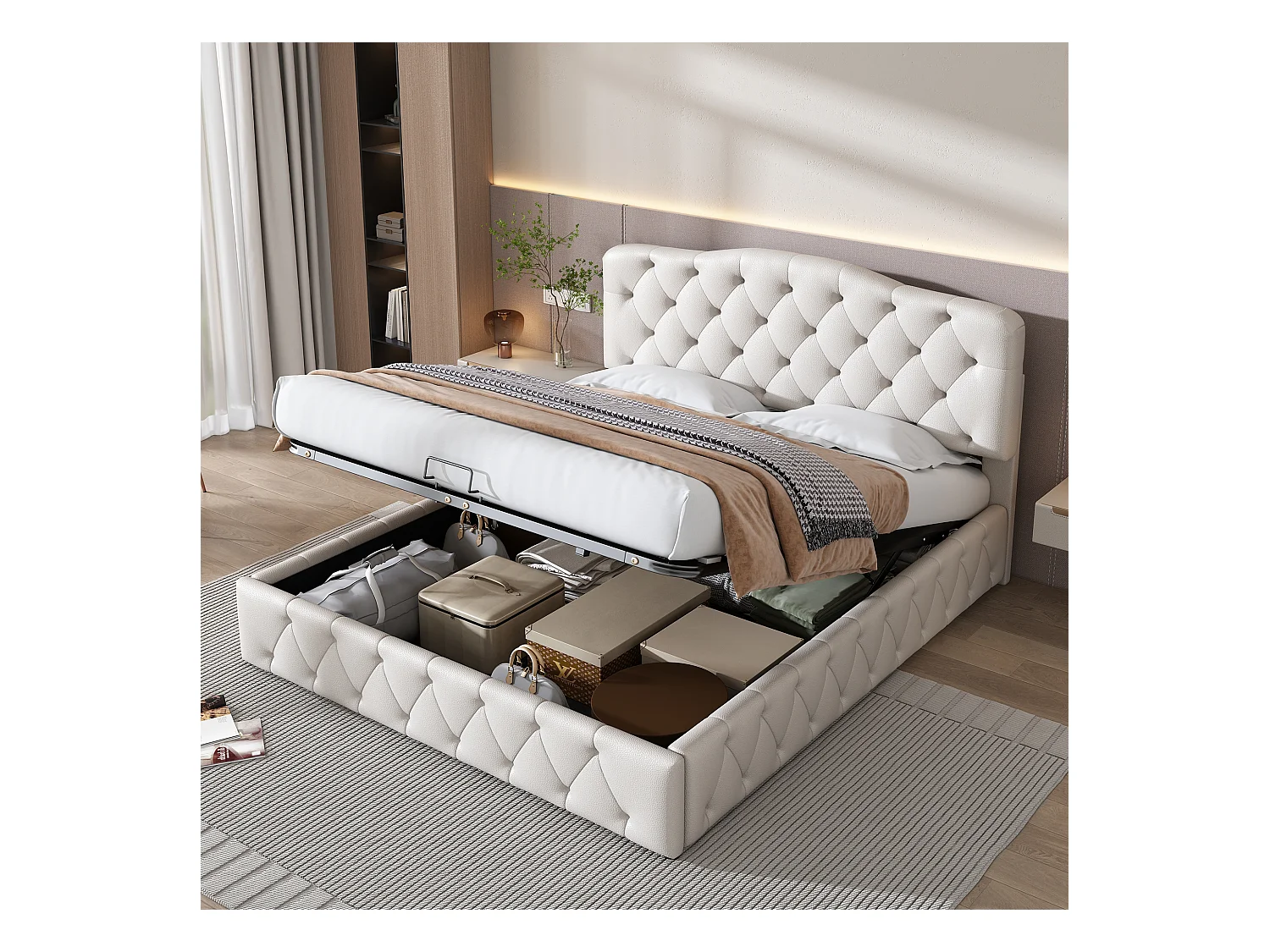 Cama con almacenaje 140x200 cm - Cama tapizada con cabecero regulable en altura - PU blanco - sin colchón