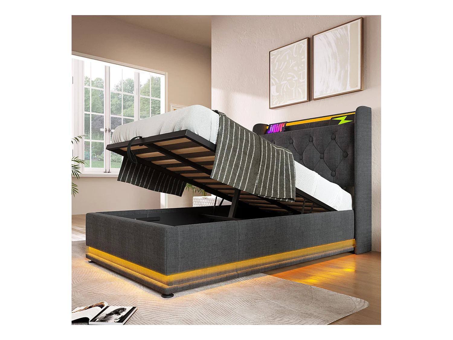 Lit coffre 90x200 cm - Lit simple avec LED et recharge USB - lin gris - sans matelas