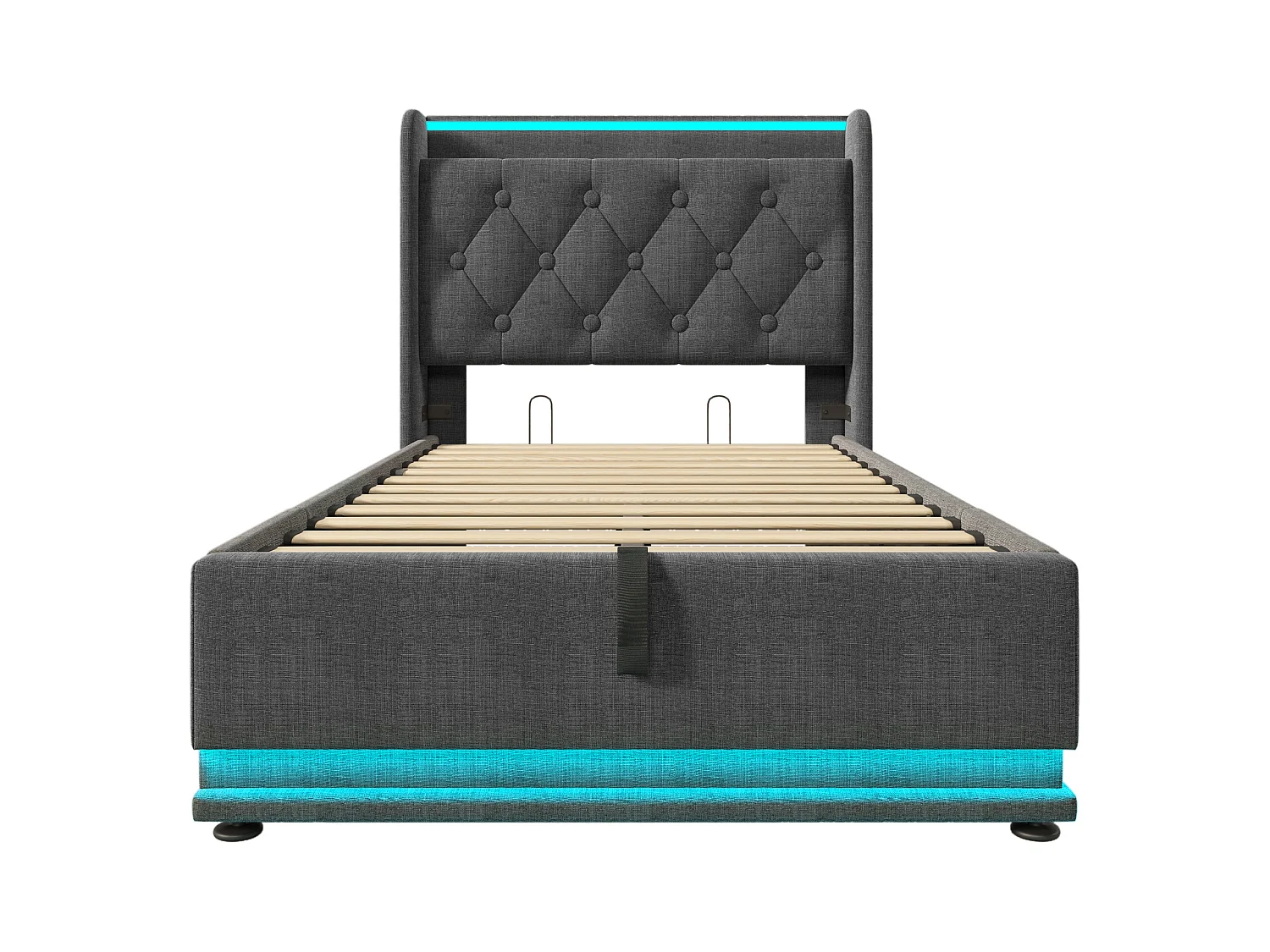 Lit coffre 90x200 cm - Lit simple avec LED et recharge USB - lin gris - sans matelas