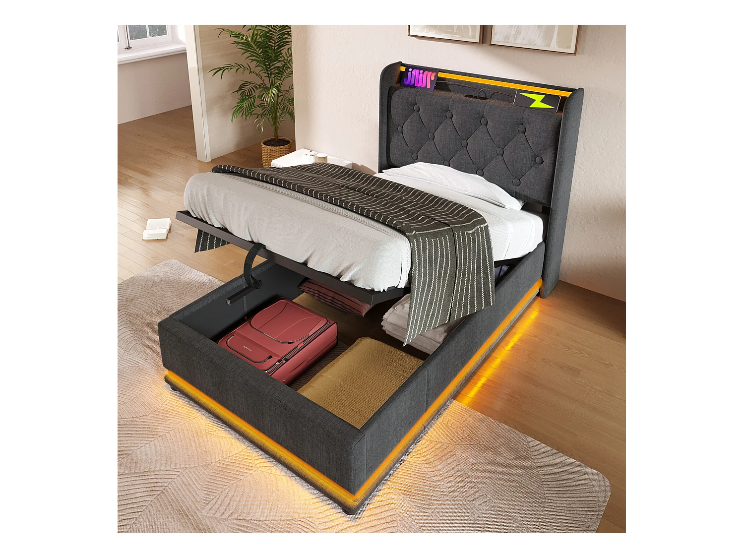 Letto contenitore 90x200 cm - Letto singolo con LED e ricarica USB - lino grigio - senza materasso