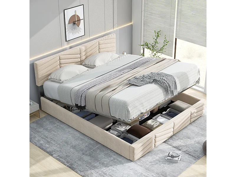 Letto contenitore 140x190 cm - Letto imbottito con testiera regolabile in altezza - doghe in legno - velluto beige