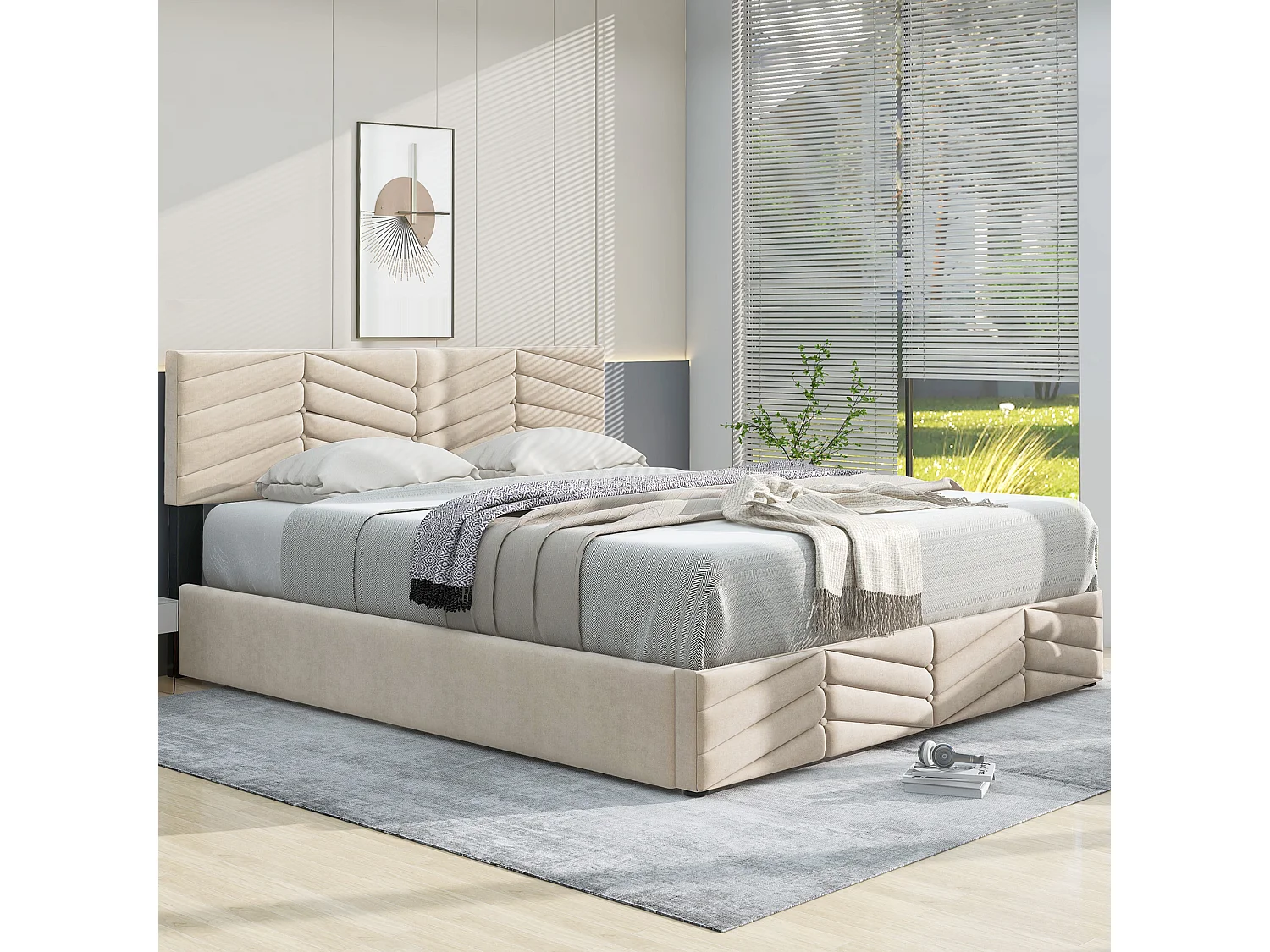Letto contenitore 140x190 cm - Letto imbottito con testiera regolabile in altezza - doghe in legno - velluto beige