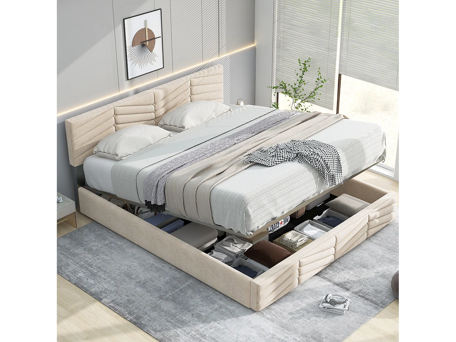 Lit coffre 140x190 cm - Lit adulte avec tête de lit réglable en hauteur - lattes en bois - velours beige