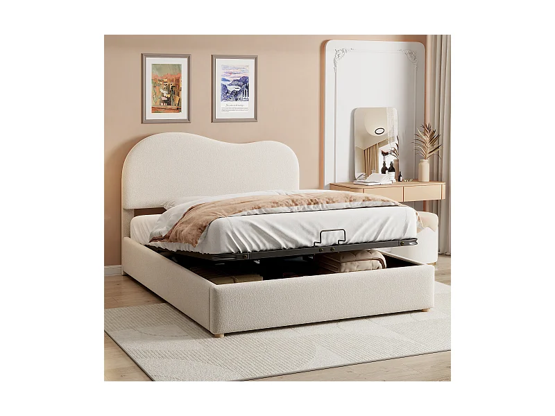 Lit coffre 140x200 cm - Lit adulte avec tête de lit unique réglable - sommier à lattes - Peluche blanc