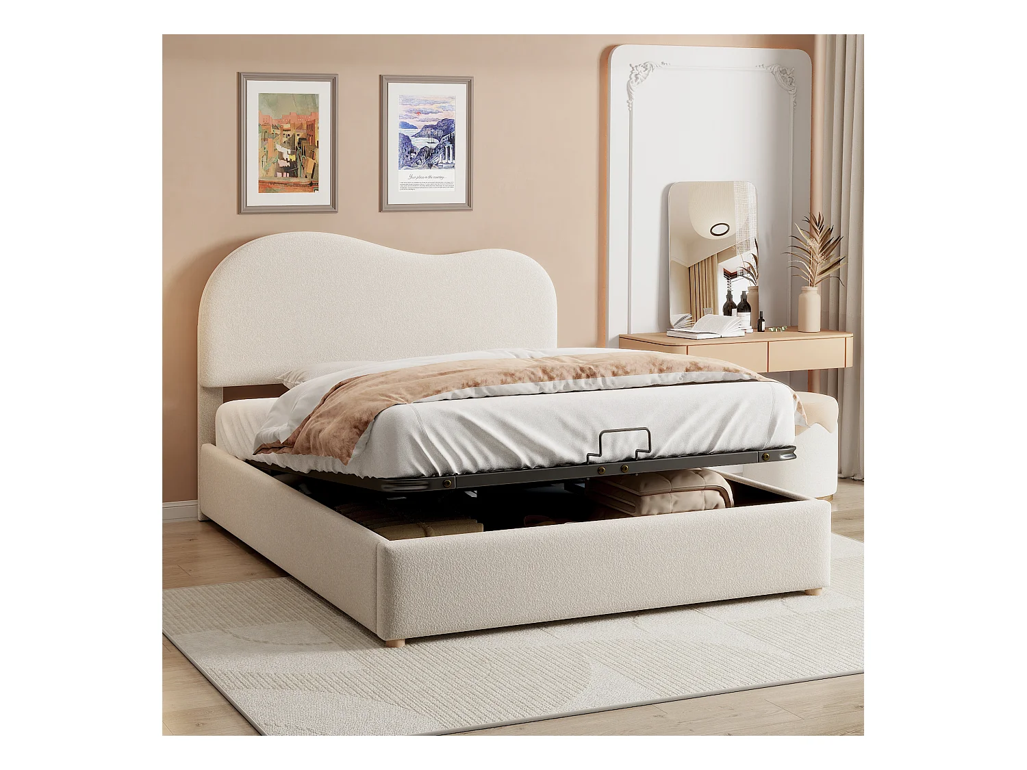 Letto contenitore 140x200 cm - Letto imbottito con testiera regolabile unica - rete a doghe - Peluche bianco