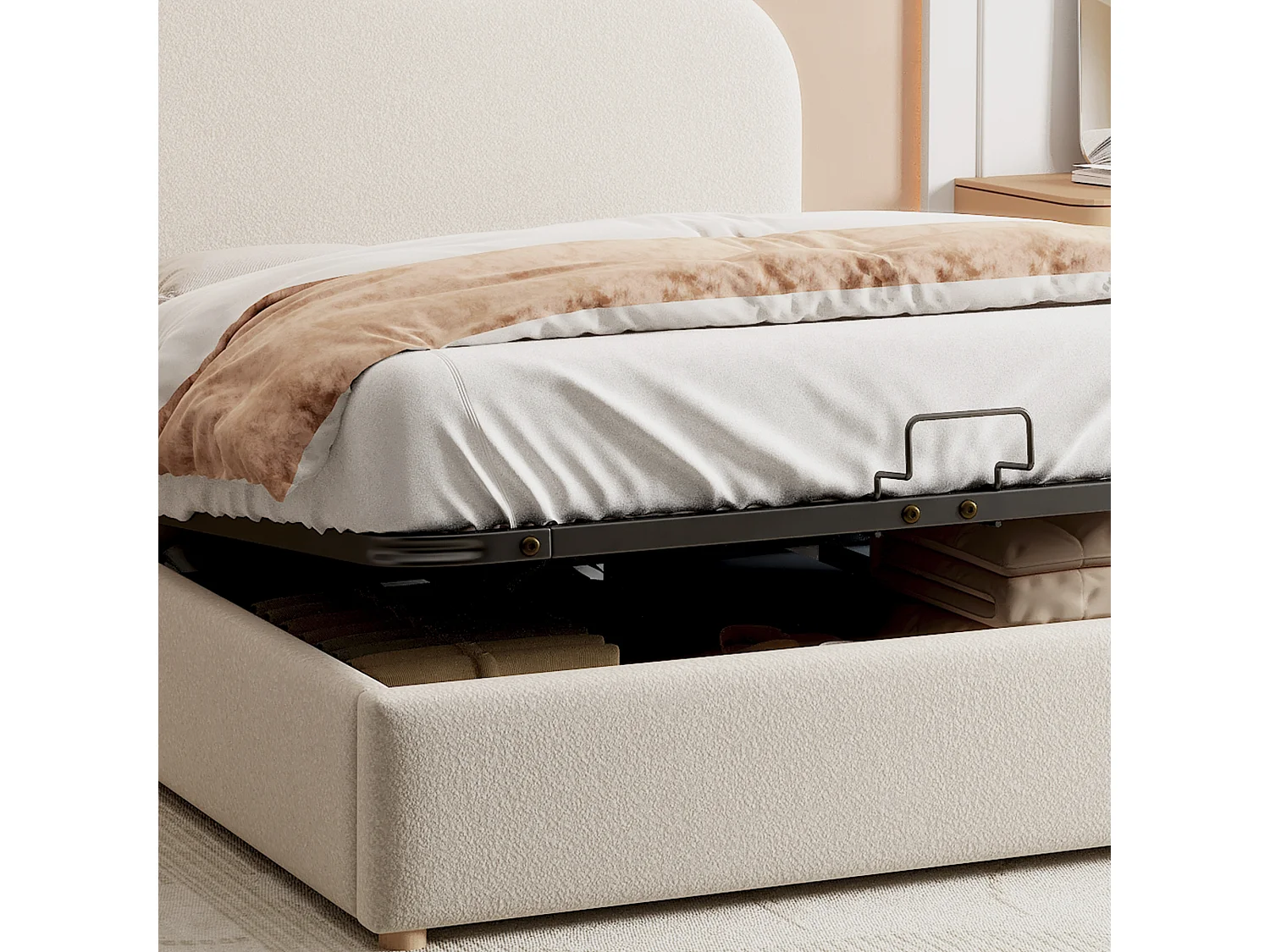 Lit coffre 140x200 cm - Lit adulte avec tête de lit unique réglable - sommier à lattes - Peluche blanc